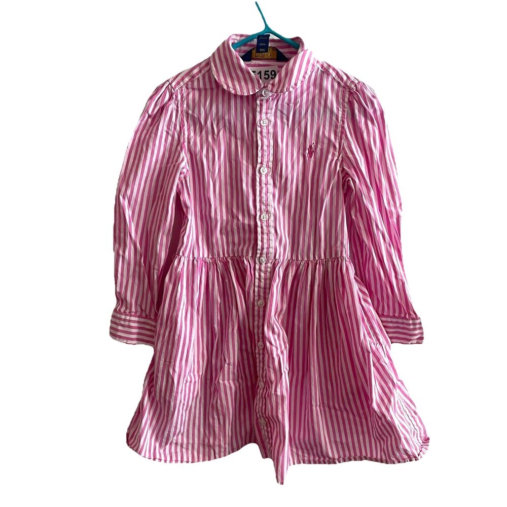 Polo Ralph Lauren Toddler Girls Pink White Striped Shirt Dress 4T Preppy Pastel